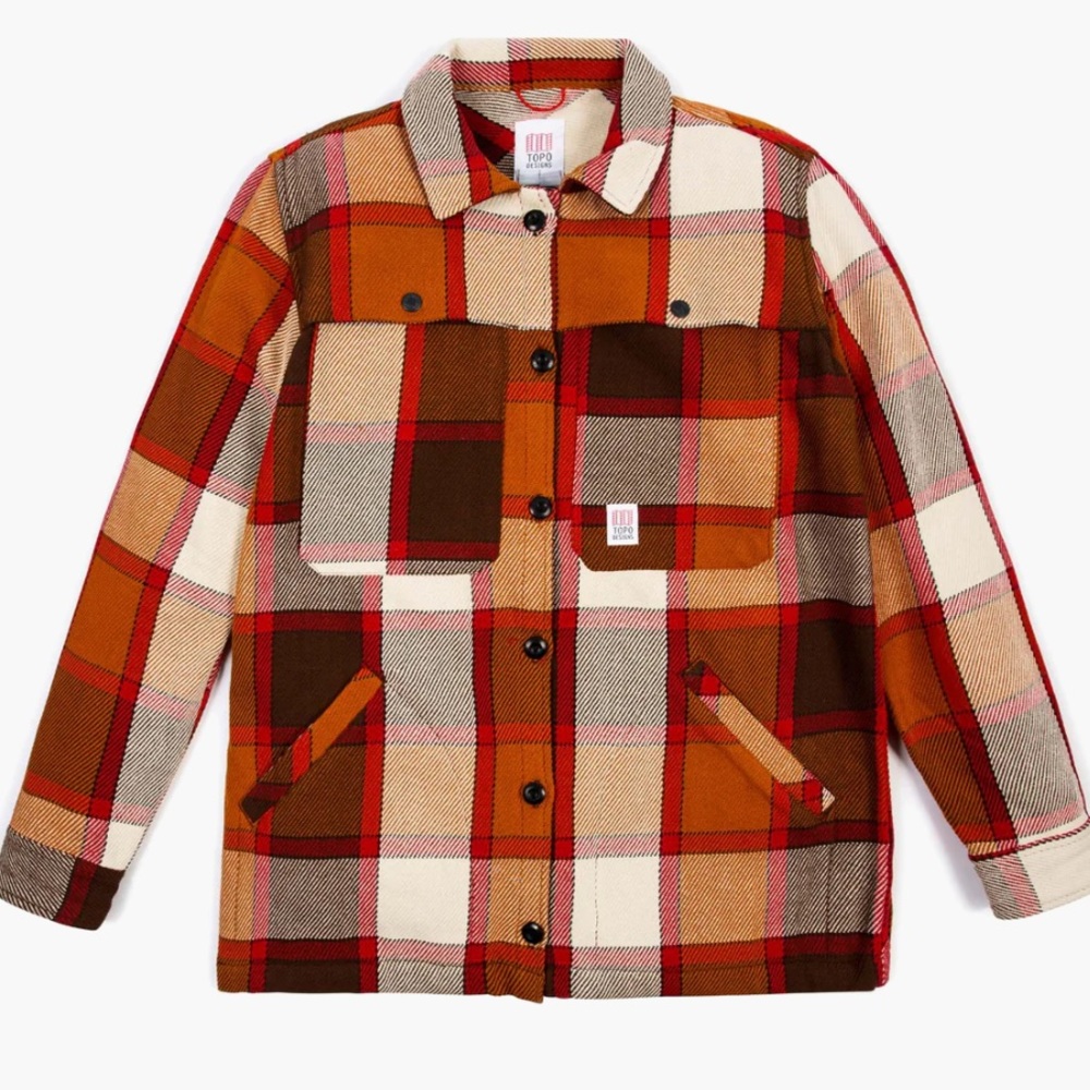 Topo Designs Mountain Shirt Jacket in Orange/Red/Brown Plaid - Size S NWT!!!
